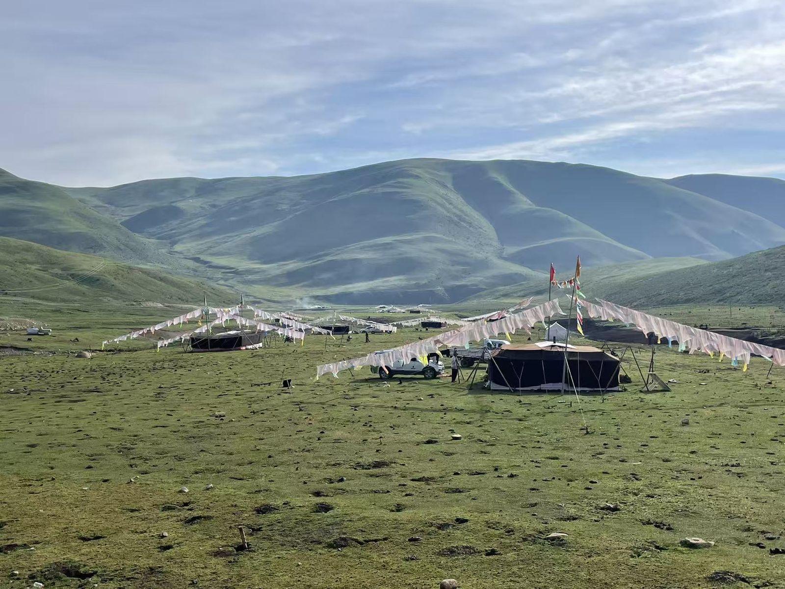 The grazing ground: our tents for the night, prayer flags strung against the wind
